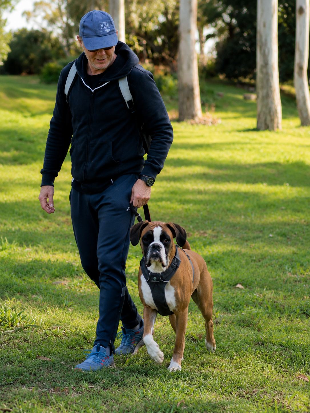Handler walking a leashed boxer along a grassy path