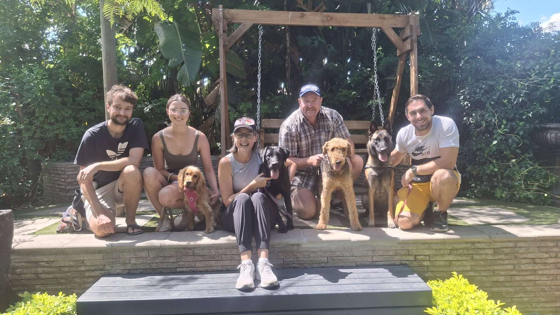 Friends and their dogs gathered near a garden swing